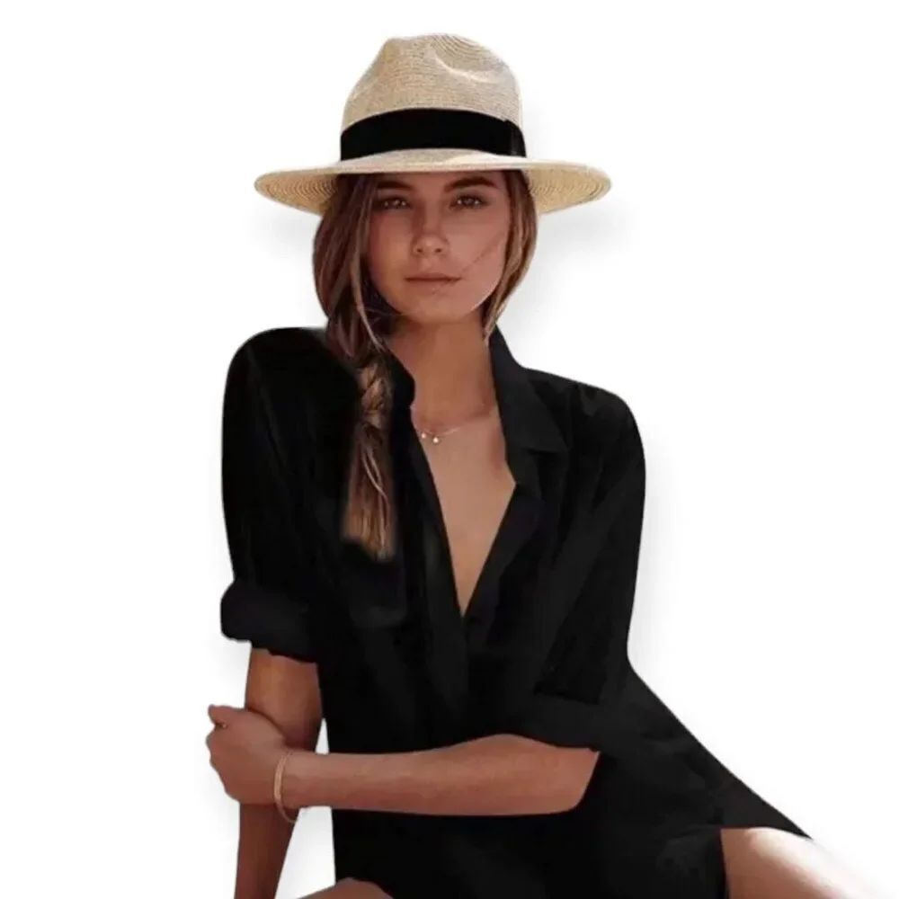 Wide Brim Panama Natural Straw Sun Hat Black Band NWT